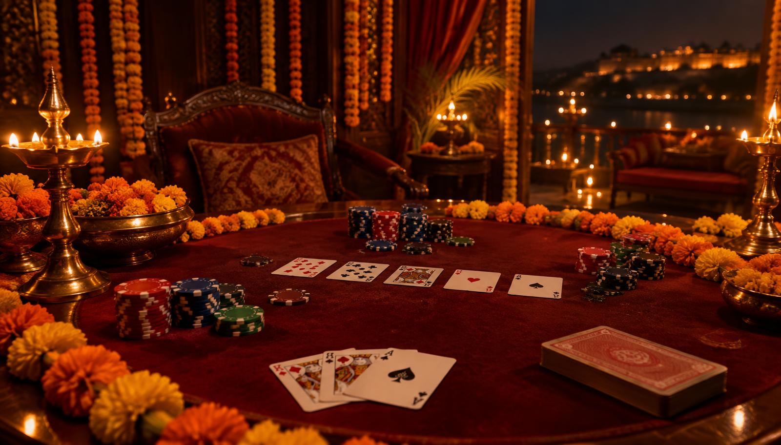 Card table with chips, marigolds and diya lamps